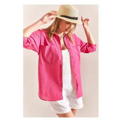 Bianco Lucci Women's Double Pocket Oversize Linen Shirt