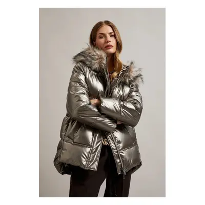 Women's metallic jacket with fur hood MOODO - beige