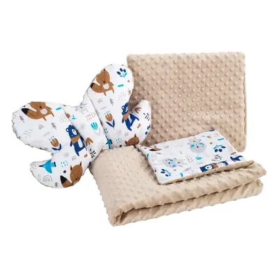 Medi Partners Quilt set with a stroller pillow + butterfly - Animals in the forest + beige minky