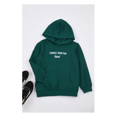 Trendyol Oil Boy Slogan Patterned Hooded Knitted Sweatshirt