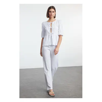 Trendyol White Textured Fabric Lacing Detailed Balloon Sleeve Woven Blouse-Pants Set