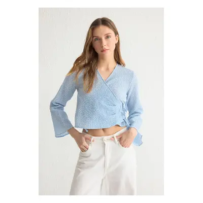 Trendyol Blue Seersucker Plaid Woven Blouse