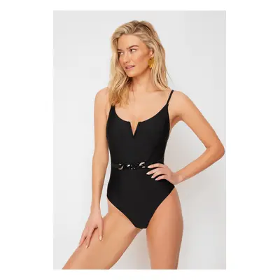 Trendyol Black Belted V Neck High Leg Regular Swimsuit