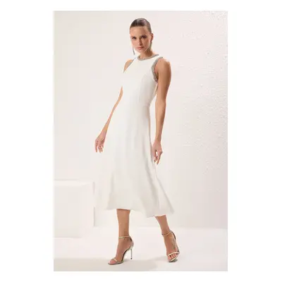 Trendyol White Plain Stone Accessory Woven Finike Midi Unlined Chic/Evening Dress