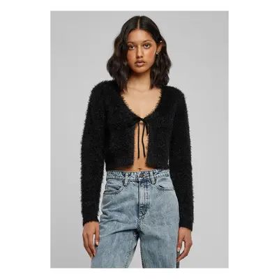 Women's sweater with tied cropped feathers black