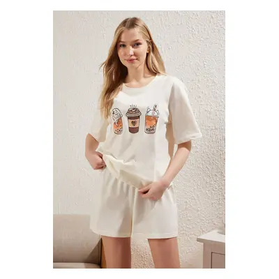 Trendyol Ecru 100% Cotton Coffee Printed Knitted Pajama Set with Shorts