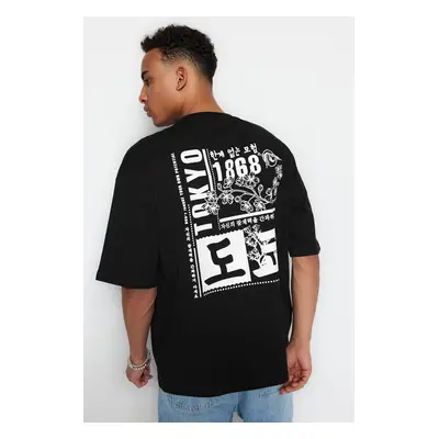 Trendyol Black Oversize/Wide Cut Far East Printed 100% Cotton T-Shirt