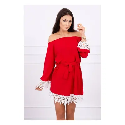 Dress with lace with waist tie red