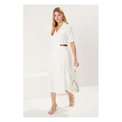 Trendyol Ecru A-Line Pleated and Belt Detailed Poplin Midi Woven Dress