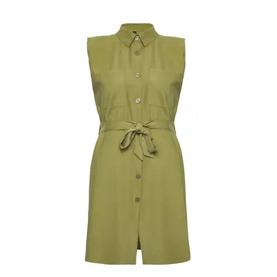 Trendyol Curve Khaki Sleeveless Belted Mini Woven Plus Size Shirt Dress