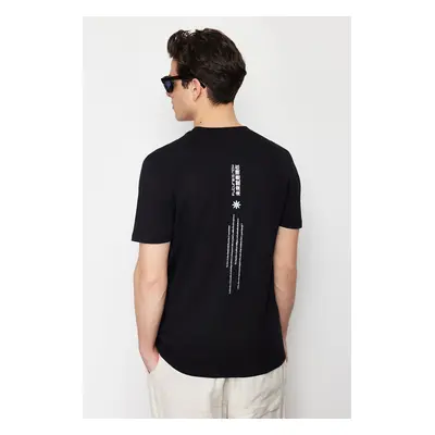 Trendyol Black Regular Cut Text Printed Embroidered 100% Cotton Short Sleeve T-Shirt