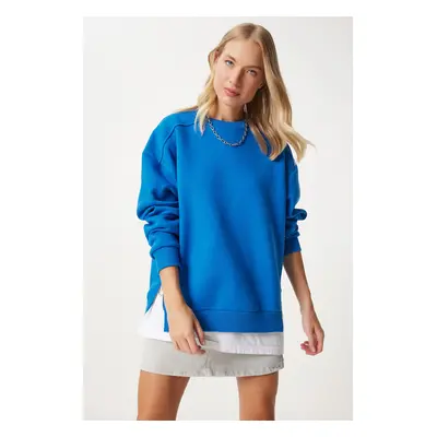 Happiness İstanbul Women's Blue Zipper Detailed Raised Knitted Sweatshirt