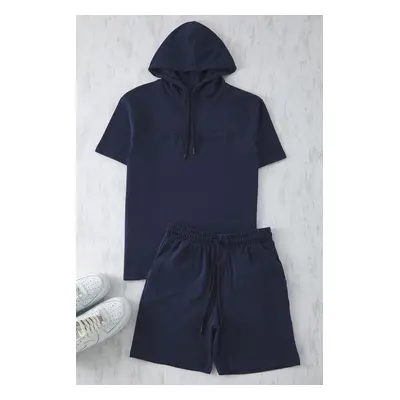 Trendyol Navy Blue Hooded Regular Cut Puffy Print Short Sleeve Sweatshirt-Shorts Tracksuit Set