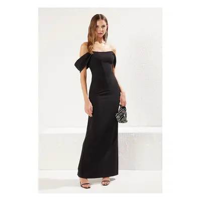 Trendyol Black Body-Sit Carmen Collar Woven Stylish Long Evening Dress