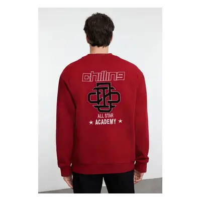 Trendyol Claret Red Oversize/Wide Cut Embroidered Detailed Fleece Inside Crew Neck Sweatshirt