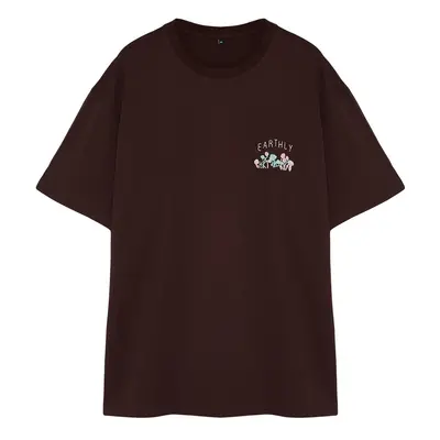 Trendyol Plus Size Brown Oversize/Wide Cut Mushroom Embroidered 100% Cotton T-Shirt