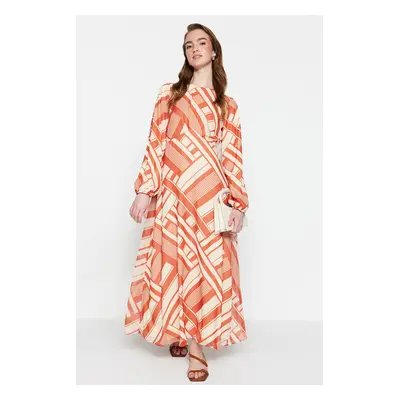 Trendyol Orange Geometric Pattern Lined Woven Chiffon Dress