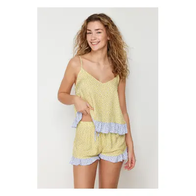 Trendyol Yellow-Multicolor Polka Dot Ruffle Detailed Rope Strap Viscose Woven Pajamas Set