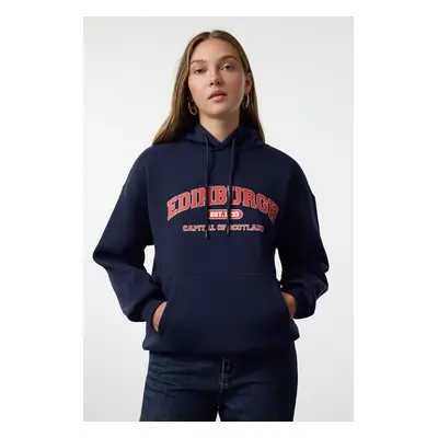 Trendyol Navy Blue Thick Fleece City Printed Oversize/Wide Fit Knitted Sweatshirt