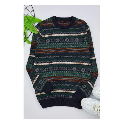 Trendyol Navy Blue Slim Wool Crew Neck Ethnic Knitwear Sweater