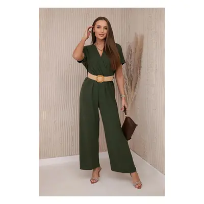 Jumpsuit with a decorative belt at the khaki-colored waistband