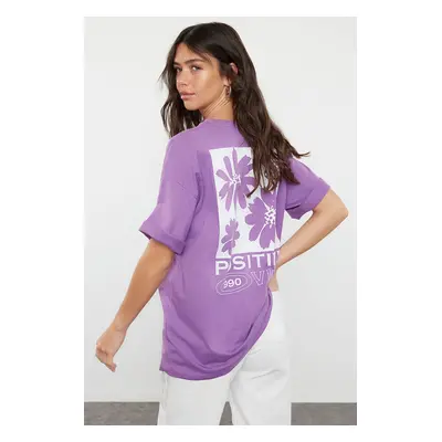 Trendyol Purple Back Printed Oversize/Wide Fit Crew Neck Knitted T-Shirt