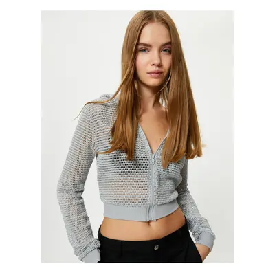 Koton Crop Mesh Hooded Zipper Sweatshirt Silvery Slim Fit