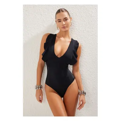 Trendyol Black Deep V Neck Ruffle Swimsuit