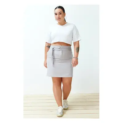 Trendyol Curve Gray High Waist Double Belt Detailed Woven Skirt