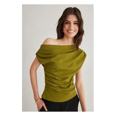 Trendyol Oil Green Gathered/Draped Detail Flowy Asymmetric Collar Knitted Blouse