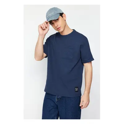 Trendyol Basic Indigo Oversize/Wide Cut Textured Waffle Pocket Labeled Short Sleeve T-Shirt