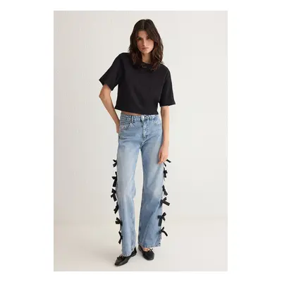 Trendyol Blue Ribbon/Bow Detailed Normal Waist Wide Leg Jeans