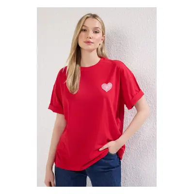 Trendyol Red 100% Cotton Front and Back Embossed Printed Oversize/Wide Pattern Knitted T-Shirt