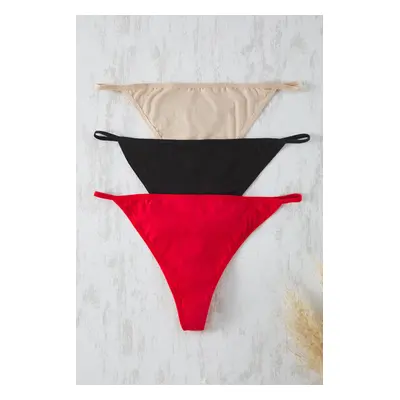 Trendyol Curve Black-Skin-Red 3-Pack Cotton Plus Size String Panties