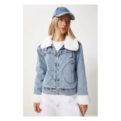 Happiness İstanbul Women's Blue Faux Fur Denim Jacket