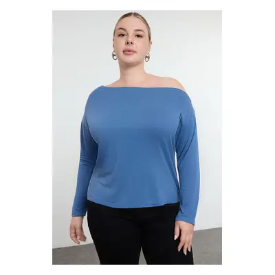 Trendyol Curve Indigo Modal Fabric Boat Neck Relaxed Cut Knit Plus Size Blouse