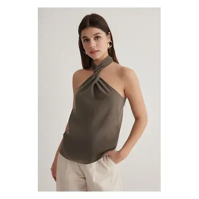 Trendyol Khaki Modal Weightlifting Neck Knotted Woven Blouse