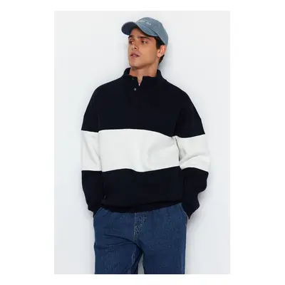 Trendyol Navy Blue Oversize/Wide Cut Stand Collar Color Block Inside Polar Fleece/Warm Sweatshir