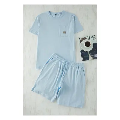 Trendyol Blue Regular Fit Labeled Shorts Knitted Pajama Set