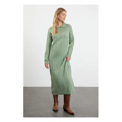 Trendyol Green Herringbone Patterned Polo Neck Knitwear Dress