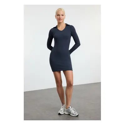 Trendyol Indigo Fitted Polo Neck Mini Ribbed Stretchy Knitted Dress