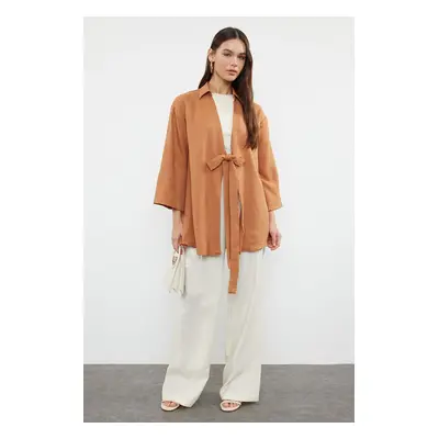 Trendyol Camel Front Tie Linen Look Woven Kimono