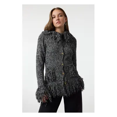 Trendyol Black Fringed Coat-Look Knitwear Cardigan