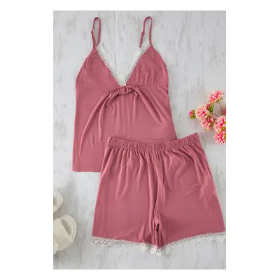 Trendyol Curve Dusty Rose V Neck Lace Detail Viscose Knitted Pajama Set