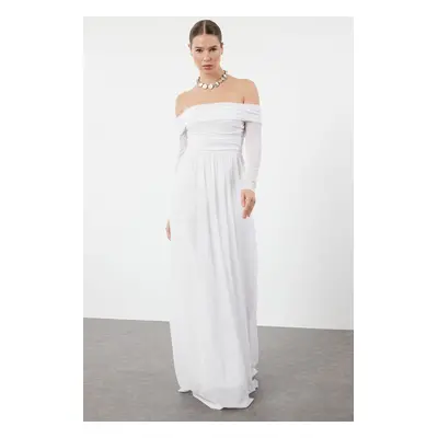 Trendyol White A-Cut Carmen Neckline Knitted Tulle Long Evening Evening Dress