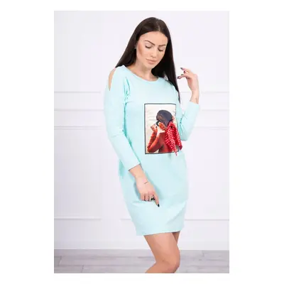 Dress with graphics and bow in polka dot 3D mint