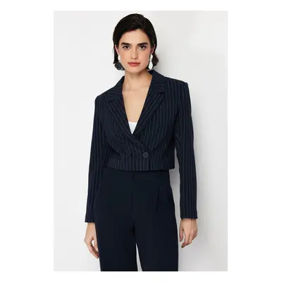 Trendyol Navy Blue Polyviscon Striped Crop Premium Woven Blazer Jacket