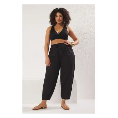 Trendyol Curve Black Pleated High Waist Carrot/Shalwar Beach Wear Plus Size Trousers