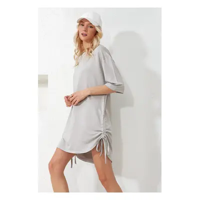 Trend Alaçatı Stili Women's Stone Crew Neck Gathered Midi Length Dress