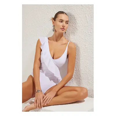 Trendyol White*001 Plain Deep V Strappy Swimsuit